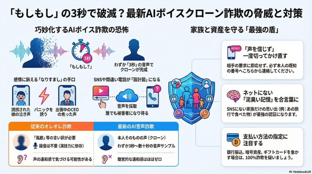 AIボイスクローン詐欺の手口と対策をまとめたインフォグラフィック。わずか3秒の音声でクローンが完成する恐怖と、家族を守る対策が解説されている