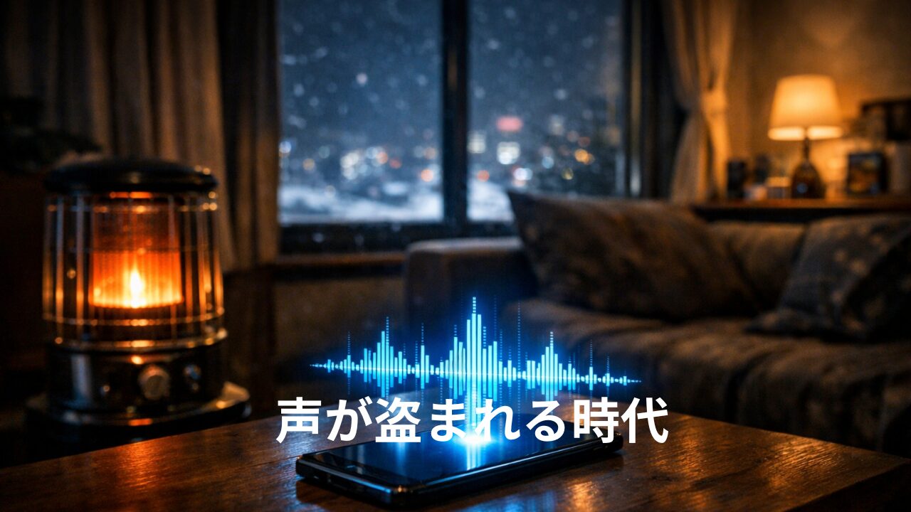 雪の降る夜のリビングで、暖房器具の灯りとともにテーブルの上のスマートフォンから青い音声波形が浮かび上がる様子