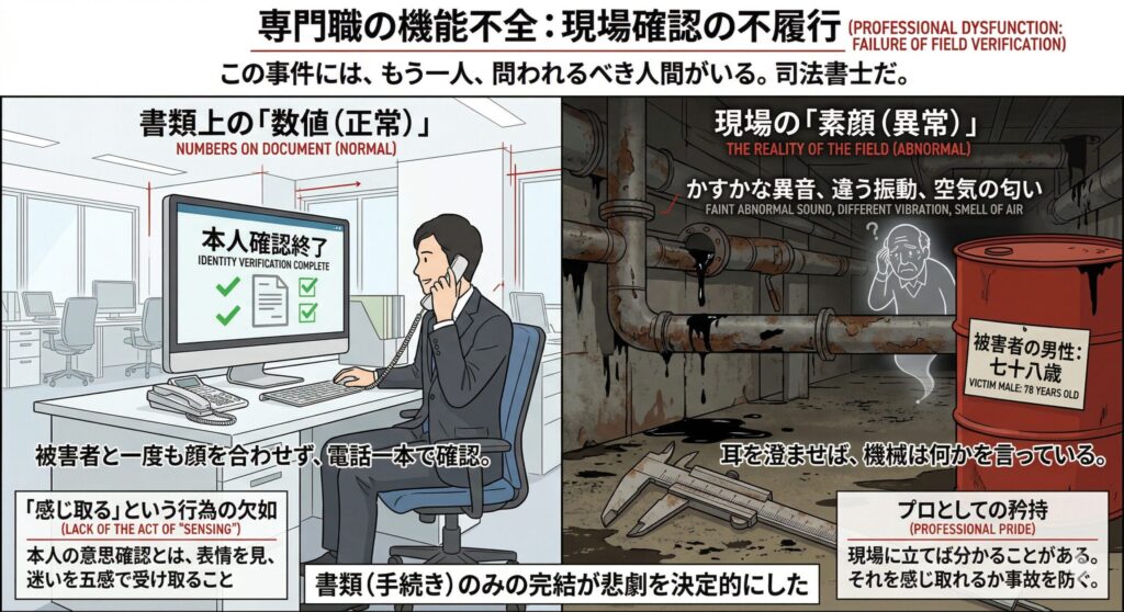 専門職の機能不全を風刺したイラスト。左側はオフィスで電話一本で本人確認を済ませる司法書士、「感じ取る行為の欠如」という文字。右側は「現場の素顔」として、油の漏れる配管や苦悩する高齢男性の幽霊、ノギスが描かれ、「プロとしての矜持」という文字が添えられている。