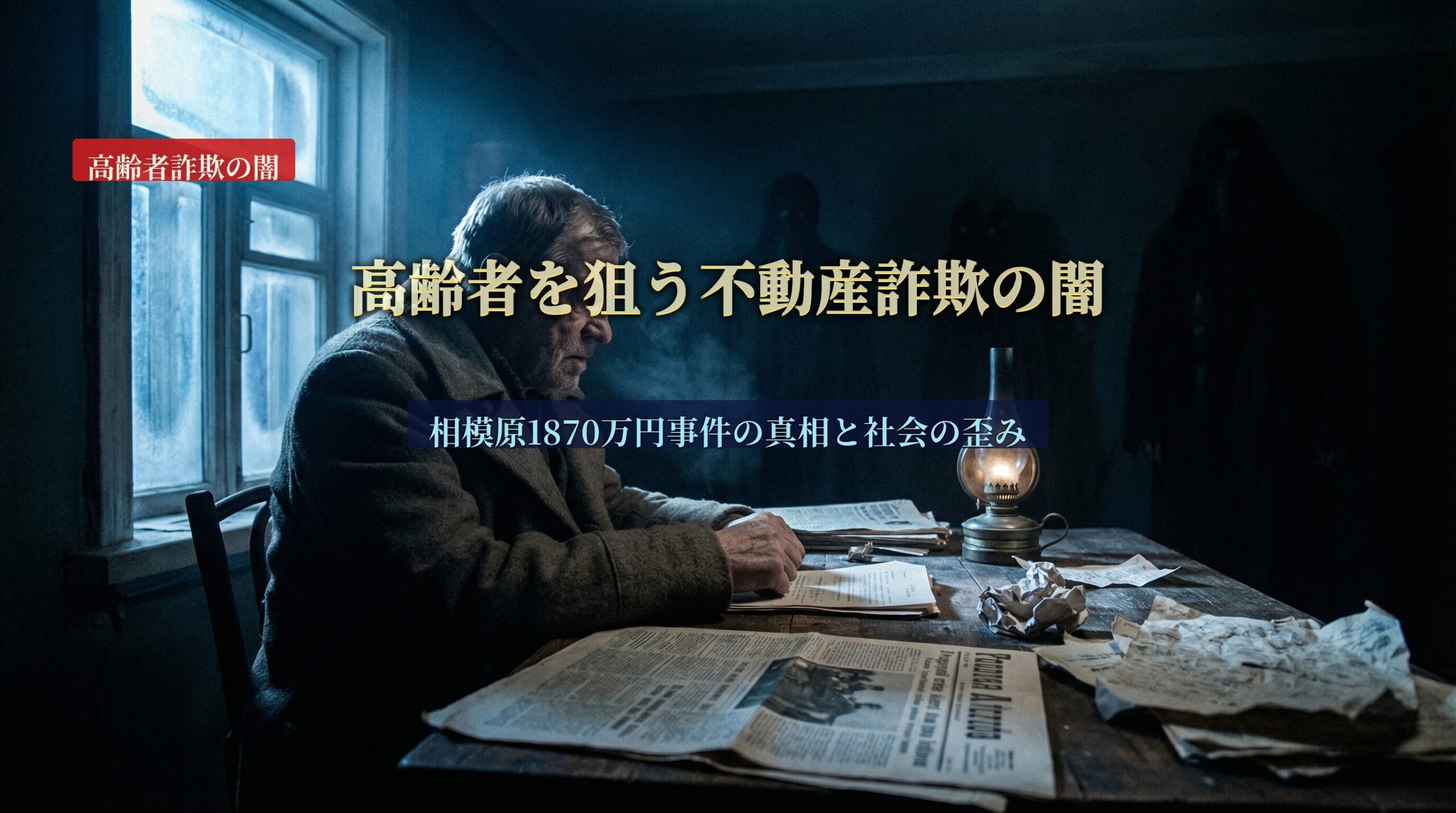 薄暗い部屋で机に向かい、ランプの光の下で新聞や書類を読み込む高齢男性。背景には不気味な人影のような闇が迫っている。画像中央には「高齢者を狙う不動産詐欺の闇」「相模原1870万円事件の真相と社会の歪み」という文字、左上には「高齢者詐欺の闇」という赤いラベルがある。