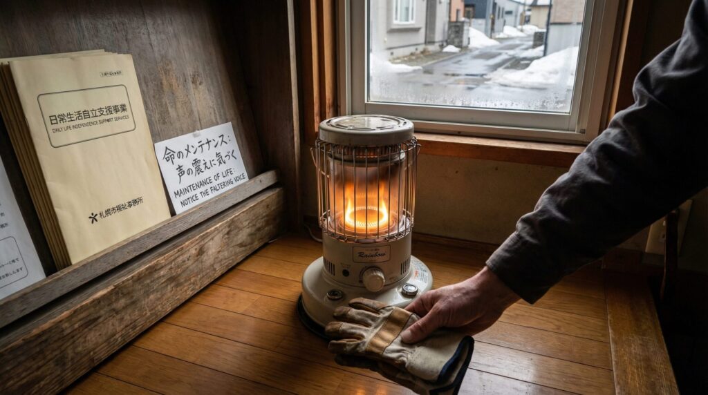 札幌の雪景色が見える窓辺のフローリングに置かれた、火が灯った石油ストーブ。その横には「札幌市福祉事務所」の封筒や「命のメンテナンス:声の震えに気づく」と書かれた貼り紙がある。手前では、作業手袋をはめようとする健一さんの手が写っている。