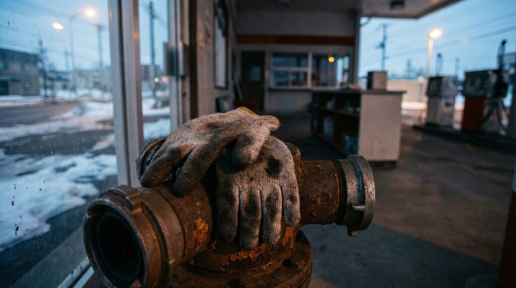 札幌の雪残るオートガススタンド。使い込まれて黒ずんだ軍手が、錆びた配管バルブの上に置かれている。静まり返ったスタンド内の風景。