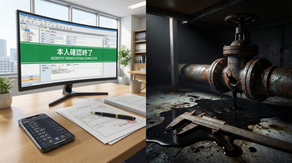 画面を左右に分割した比較画像。左側は、PCモニターに「本人確認終了(IDENTITY VERIFICATION COMPLETE)」と表示された清潔なオフィス環境。右側は、暗い地下室で錆びた配管から黒い油が漏れ出し、その傍らに古いノギスが置かれている老朽化した現場の風景。
