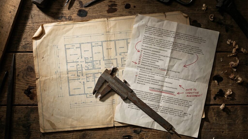 木目の作業台の上に広げられた古い建築図面と、赤い書き込みがある「認知評価(COGNITIVE ASSESSMENT)」のチェックリスト、そして中央に置かれた使い込まれ錆びたノギスの俯瞰写真。