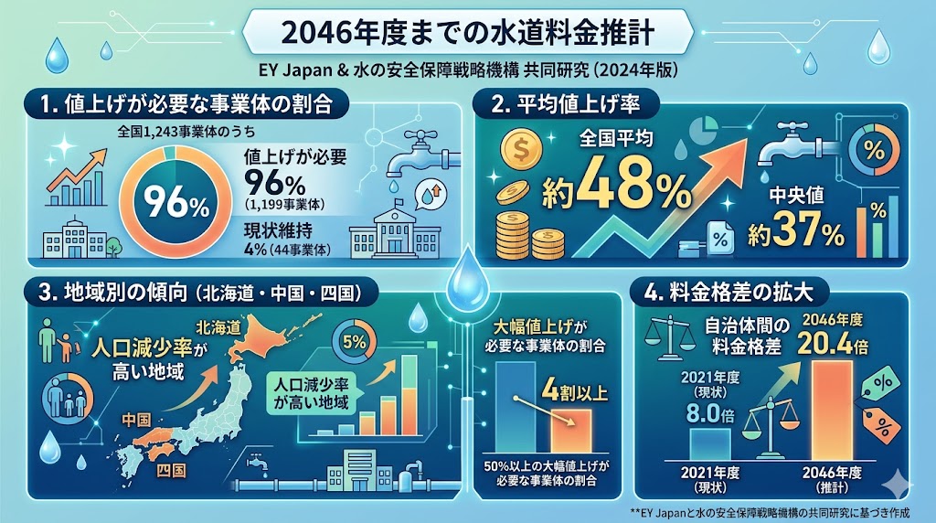 「2046年度までの水道料金推計」をまとめたインフォグラフィック。値上げが必要な事業体が全国の96%に達し、平均値上げ率が約48%となる予測を示している。また、北海道・中国・四国などの人口減少率が高い地域での大幅値上げの懸念や、自治体間の料金格差が最大20.4倍まで拡大するというデータを図解。