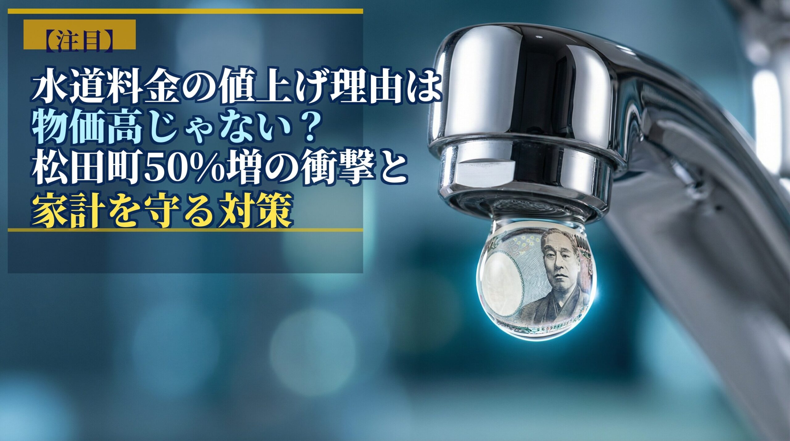 金属製の蛇口から滴り落ちる一滴の水の中に、日本の紙幣（福沢諭吉）が反射して映り込んでいる様子。左側には「【注目】水道料金の値上げ理由は物価高じゃない？松田町50%増の衝撃と家計を守る対策」という、警鐘を鳴らすようなデザインのタイトルテキストが配置されたアイキャッチ画像。