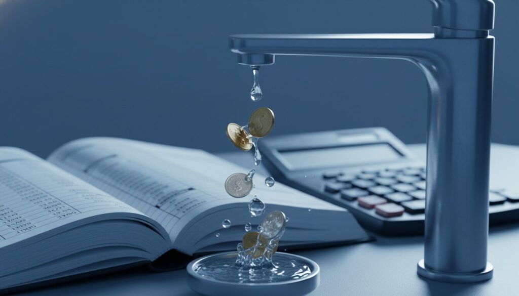 青みがかった照明の下、蛇口から滴り落ちる水滴が空中で硬貨へと変化し、開かれた帳簿や電卓が置かれたデスクの上に落ちていく様子。一時的な物価高ではなく、構造的な水道料金の値上げという現実を象徴的に表現したビジュアル。