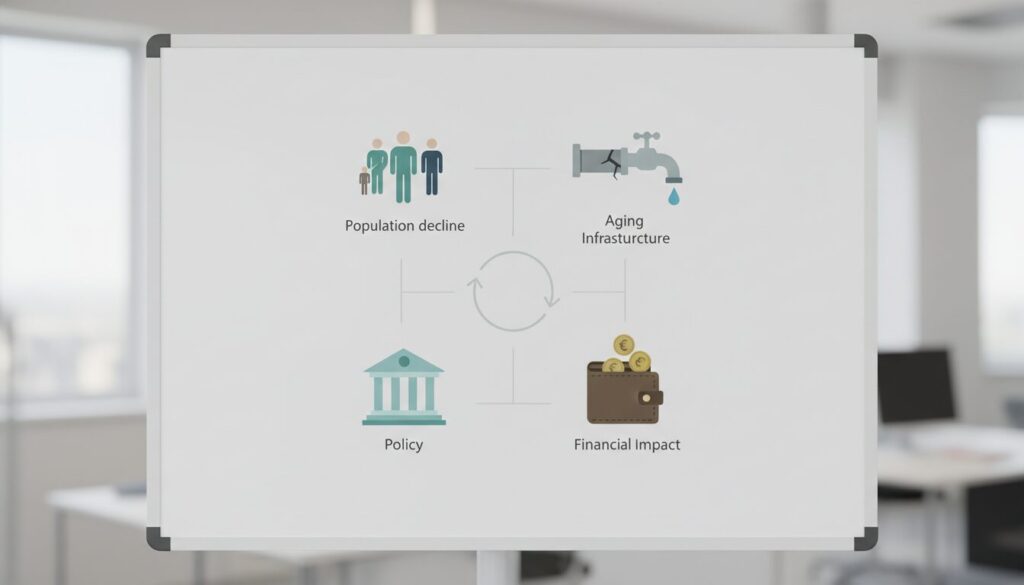 ホワイトボードに描かれた「水道料金値上げ」の構造図。人口減少(Population decline)、老朽化したインフラ(Aging Infrastructure)、家計への影響(Financial Impact)、政策(Policy)の4要素が中央の循環矢印で結ばれ、問題の相互連関性と構造的な現状を整理したインフォグラフィック。