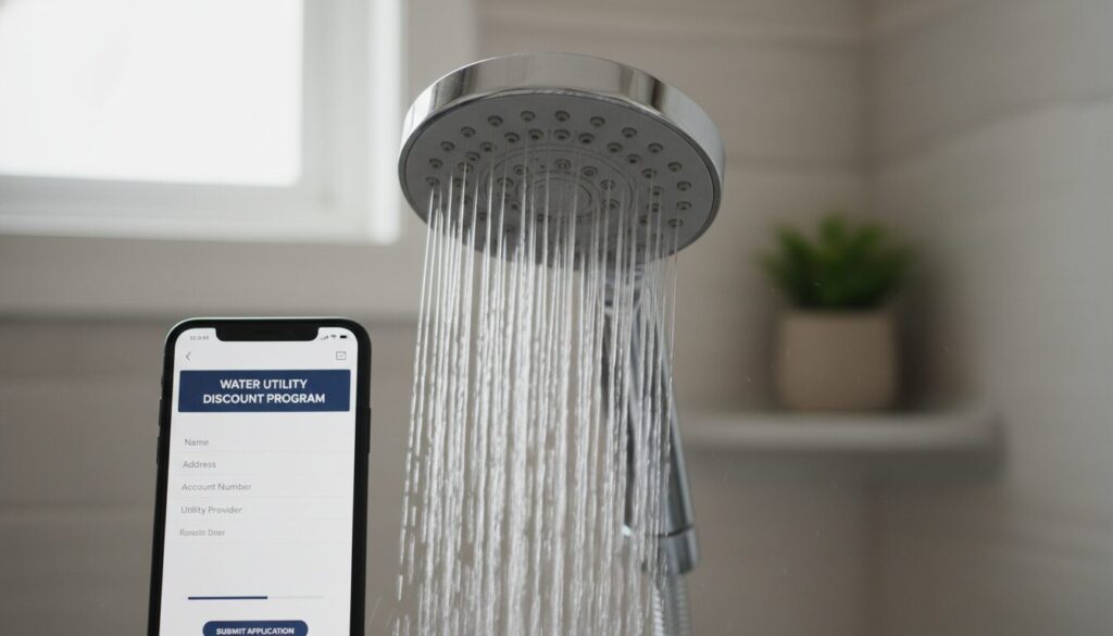 勢いよく水が出るシャワーヘッドの横に、「WATER UTILITY DISCOUNT PROGRAM（水道料金割引プログラム）」の申し込み画面が表示されたスマートフォンが置かれている。水道料金値上げへの対抗策として、節水と制度活用の両面から家計を守る重要性を表現したイメージ画像。