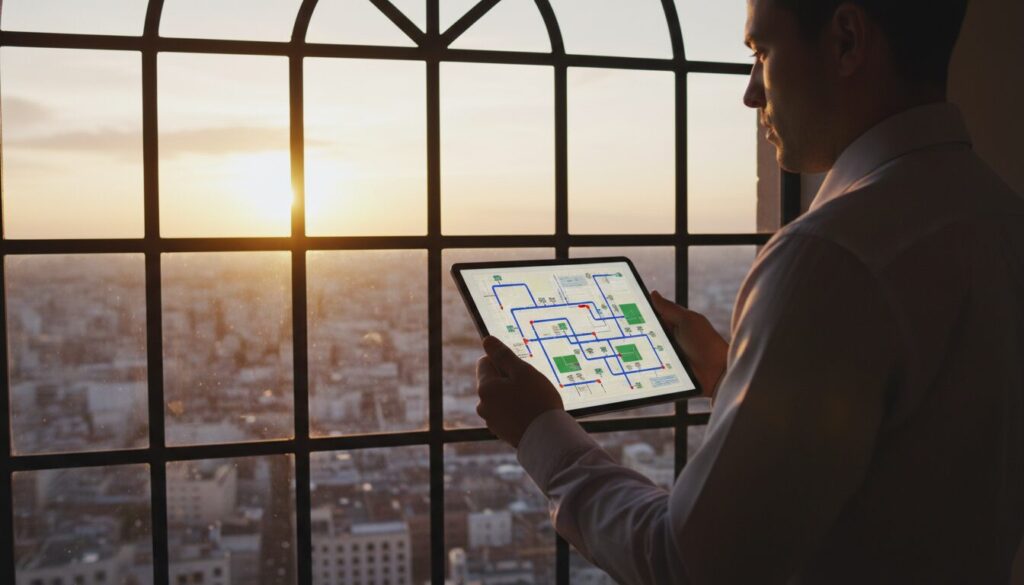 夕暮れ時の高層階の窓際で、タブレットに表示された水道網のような複雑なネットワーク図を確認している男性のシルエット。遠くの街並みに沈む夕日と、デジタルデバイスで現状を冷静に分析する姿を対比させ、「読者へ――次に確認すべき3つのこと」という行動喚起を象徴する一枚。