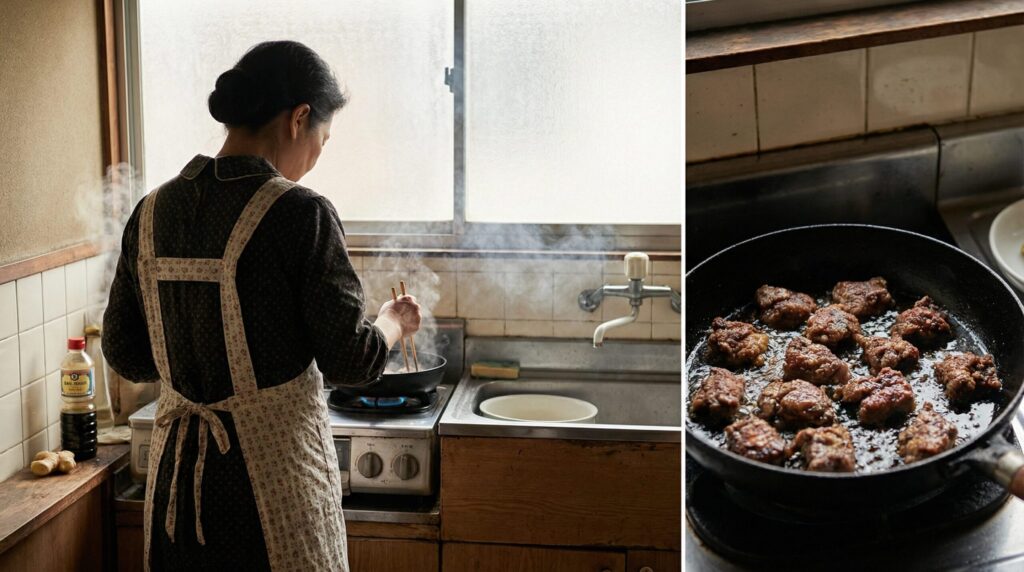 お皿に盛り付けられた「クジラの竜田揚げ」と付け合わせのキャベツ。昭和30〜40年代の家庭の味を再現した食卓の風景。