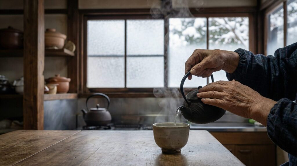 雪が見える窓辺の古い台所で、年配の女性が鉄瓶から茶碗へお湯を注ぐ様子。湯気が立ち上り、使い込まれた道具と手に焦点が当たっている。