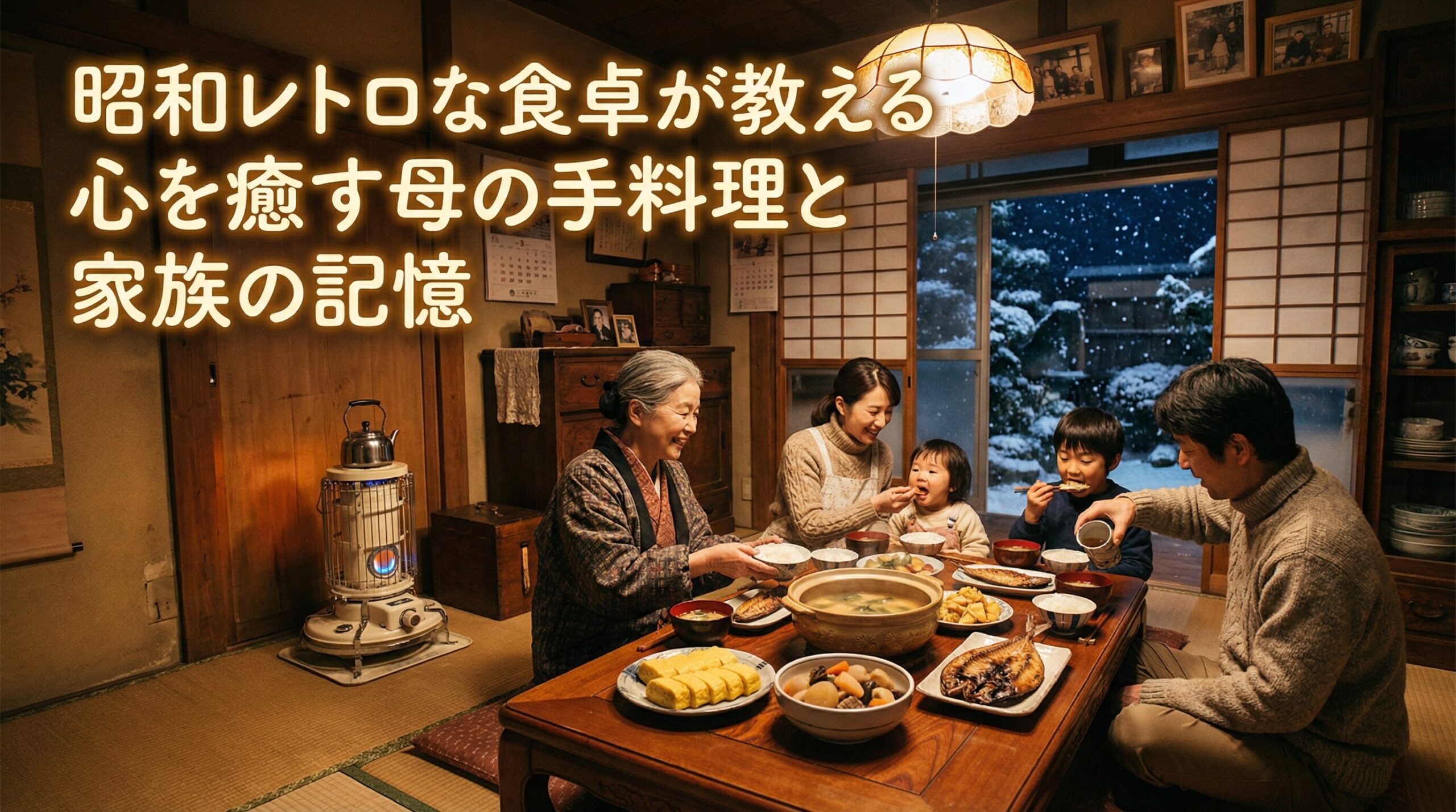 昭和の家庭の夕食風景。ちゃぶ台を囲む家族。湯気が立ち上る味噌汁やご飯、割烹着姿の母親が料理を運ぶ、温かな電球色の室内。