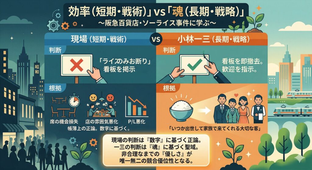 「効率(短期・戦術)vs 魂(長期・戦略)」と題された比較図解。左側の「現場」はライスのみの客を拒否し、機会損失やP/L悪化を懸念する様子を描き、右側の「小林一三」は看板を撤去し「いつか家族で来てくれる大切な客」として歓迎する様子を対比。下部には、一三の非合理なまでの優しさが唯一無二の競合優位性になるという結論が添えられている。