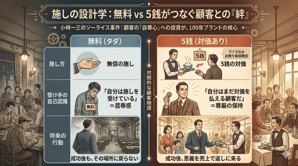 中央に置かれたソーライスのイラストを起点として、そこから光のラインが「阪急電鉄」「宝塚歌劇団」「百貨店」「都市開発」といった各事業のアイコンへと繋がり、巨大なエコシステムを形成している様子を描いたインフォグラフィック。19世紀のレトロな雰囲気と現代的なネットワーク図が融合したデザイン。