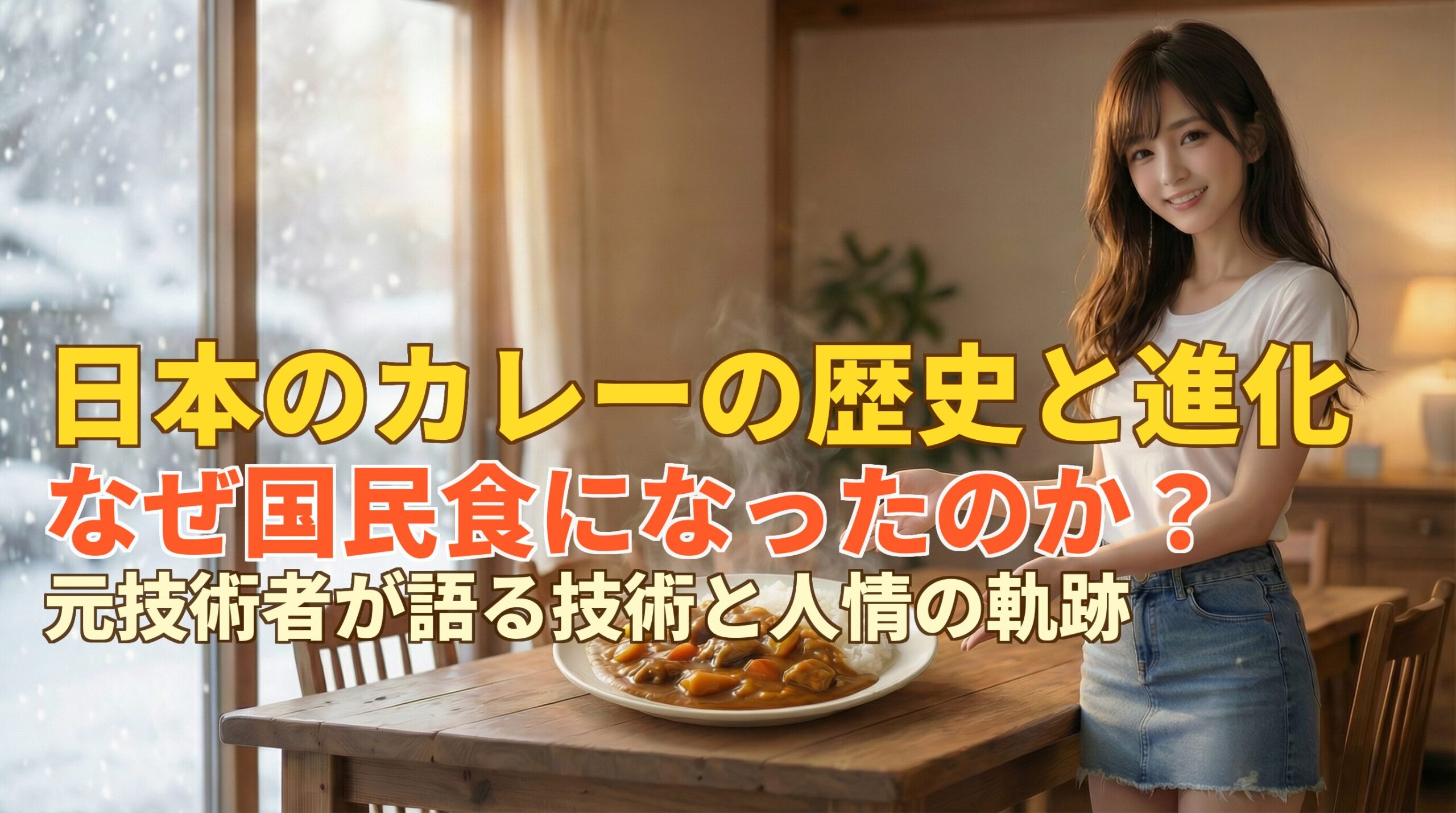 雪の降る窓辺のダイニングテーブルで、湯気が立ち上るカレーライスを前に微笑む女性の姿。画面上には「日本のカレーの歴史と進化 なぜ国民食になったのか？ 元技術者が語る技術と人情の軌跡」という大きなタイトルテキストが配置された、温かみあふれるブログ記事用メインアイキャッチ画像。
