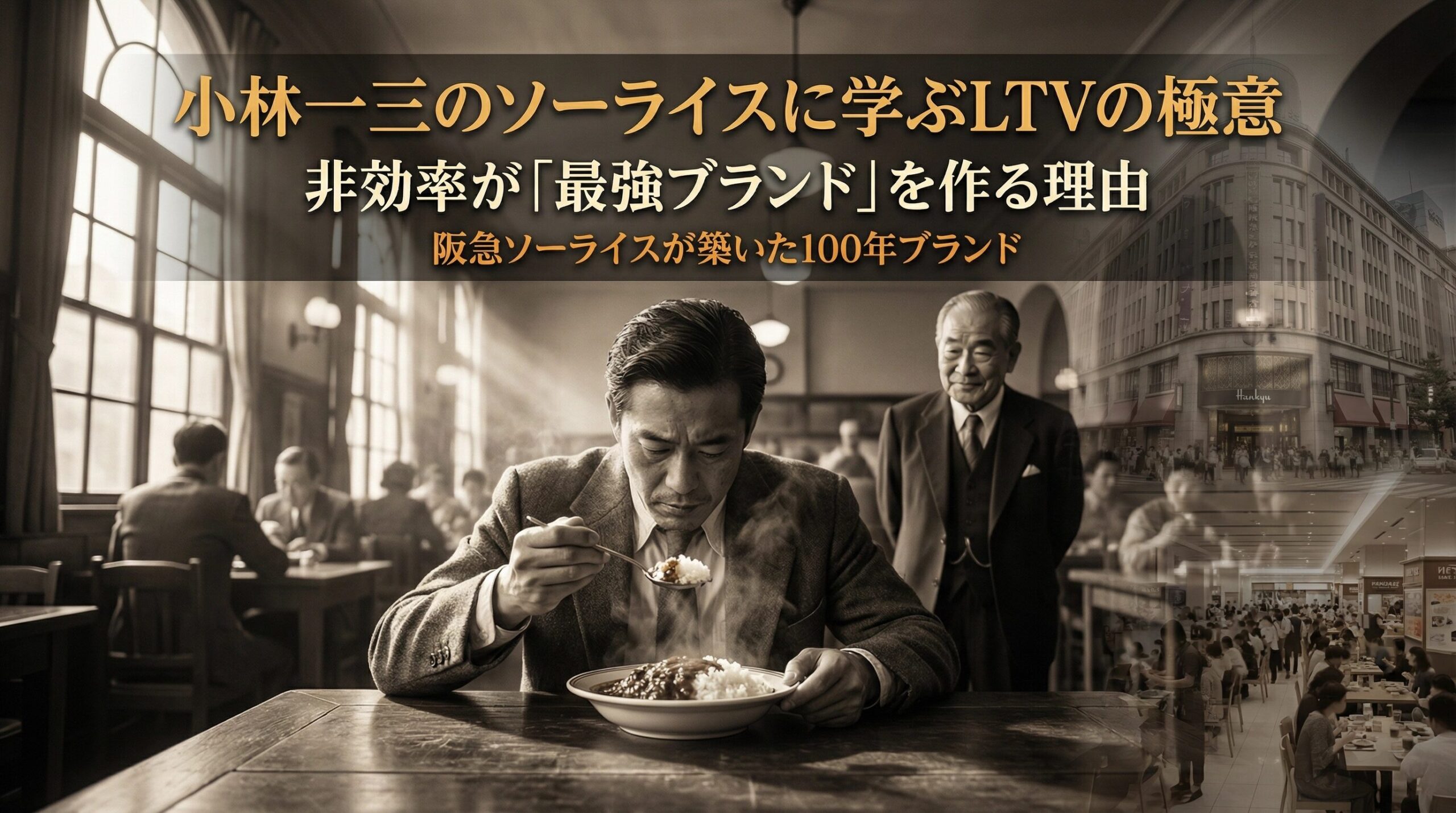 セピア色のレトロな食堂で、温かいライスを一心に食べる男性と、その後ろで穏やかに微笑みながら見守る小林一三風の老紳士。背景には阪急百貨店の外観と賑わう店内の様子が重なり、「小林一三のソーライスに学ぶLTVの極意」「非効率が最強ブランドを作る理由」というテキストが配置されたアイキャッチ画像。