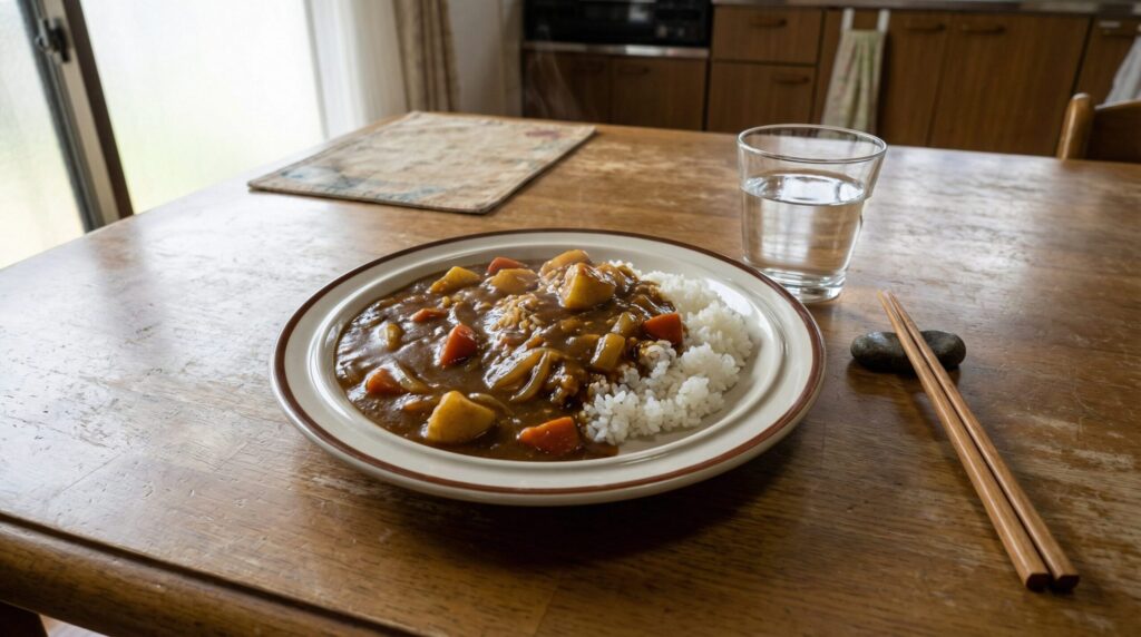 白い深皿に盛り付けられた、具だくさんの家庭的なカレーライス。立ち上る湯気と、丁寧に煮込まれたルウの質感が際立ち、食欲をそそるシズル感あふれる一枚。