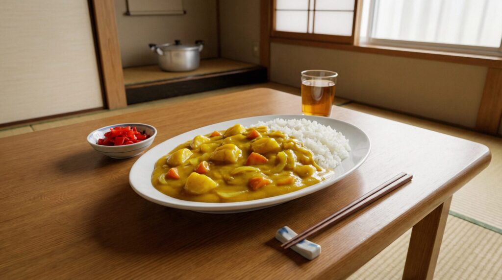和室のちゃぶ台の上に置かれた、黄色いルウと大きな具材が特徴的な昭和風のライスカレー。真っ赤な福神漬け、お茶の入ったグラス、そして背景には畳や障子が見える、ノスタルジックで温かみのある家庭料理の風景。