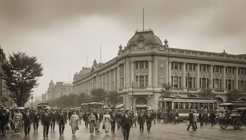 昭和初期、大正モダンな雰囲気漂う阪急百貨店の外観と、その前を走る路面電車。和服やスーツ姿の多くの人々が通りを行き交う、活気に満ちたモノクロ(セピア)調の風景。当時の都市開発と商業の発展を象徴する歴史的な一枚。