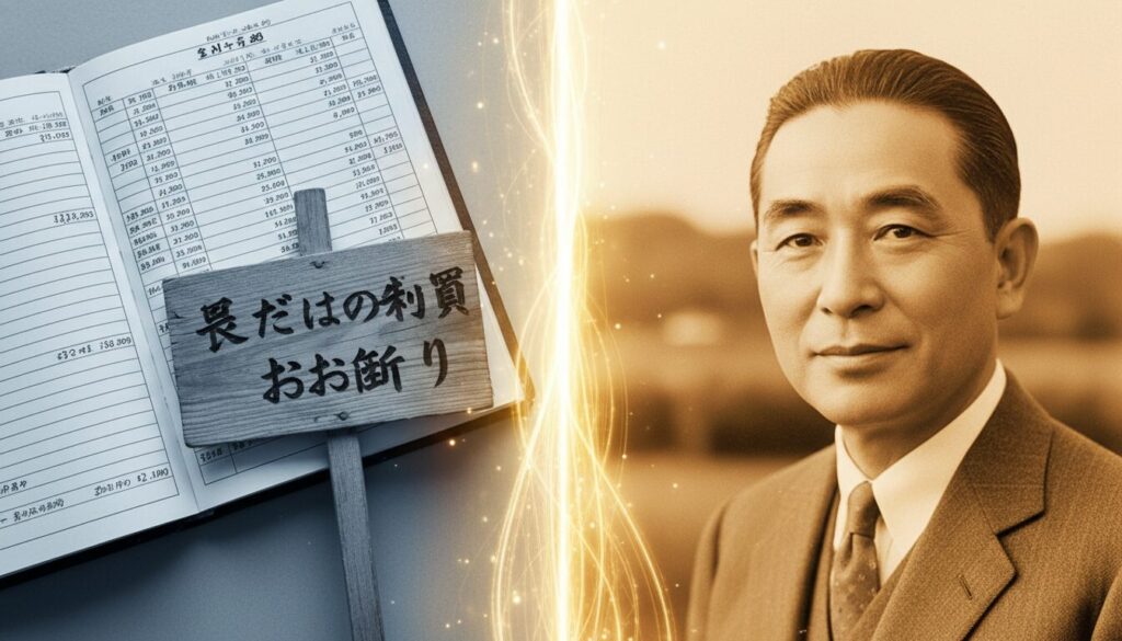 実業家・小林一三の穏やかで知的な肖像と、その傍らに配置された「買いただの刺(買いたたき)お断り」と書かれた古い木の看板、そして数字がびっしりと書き込まれた帳簿の合成画像。セピア調のトーンに光のラインが走り、歴史の重みと経営の熱量を視覚化している。