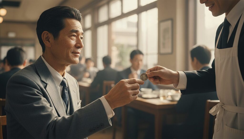昭和初期の食堂にて、スーツ姿の男性が給仕の店員に5銭硬貨を手渡しているクローズアップ画像。背景には食事を楽しむ他の客たちの姿がぼかして描かれ、当時の活気ある日常の風景を切り取った、映画のワンシーンのような情緒的な構図。