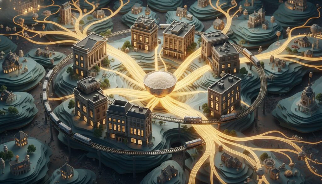 中央に置かれた一膳のライスから、黄金色の光のラインが放射状に伸び、周囲の近代的な建築物や鉄道網へと繋がっているジオラマ風のイラスト。食が都市のエネルギー源となり、生活のあらゆる基盤へと循環していく様子を象徴的に描いた幻想的な構図。