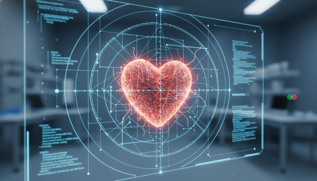 サイバーパンク風のデジタルホログラム画面の中央に、無数の赤い神経や血管が絡み合って形成されたハート型のシンボルが光り輝いている。周囲には精密な幾何学模様や解析データが表示され、テクノロジーと人間の生命力・感情が融合した様子を象徴する近未来的なイメージ。