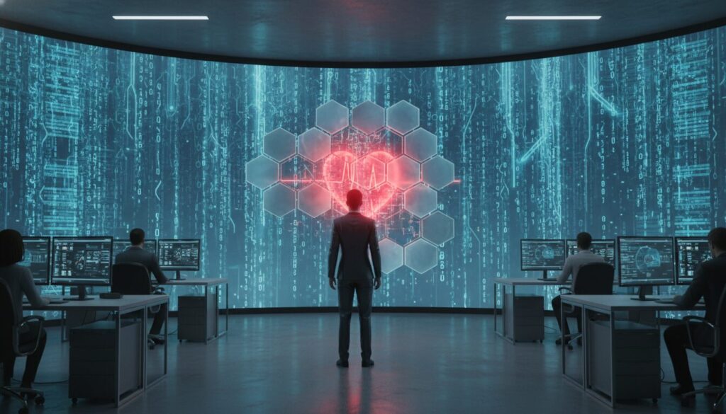 ハイテクな監視制御ルーム。数人のオペレーターがコンピューターに向かう中、正面の巨大な湾曲スクリーンには青白いデジタルデータと六角形のグリッドが広がり、その中央で真っ赤に輝く人間の心臓(ハート)が鼓動している。冷たいテクノロジーの管理下で、生命の鼓動が最も重要なコアとして位置づけられている様子。