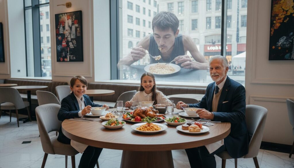 高級感のあるレストランで豪華なディナーを楽しむ老紳士と二人の子供。温かな照明の中で家族が微笑み合っている。その背後の窓の外には、モノクロ調で描かれた質素な服を着て一心にライスを食べる男性の姿が幻影のように重なって映り込んでいる。過去の困窮と現在の繁栄が対比された象徴的な一枚。