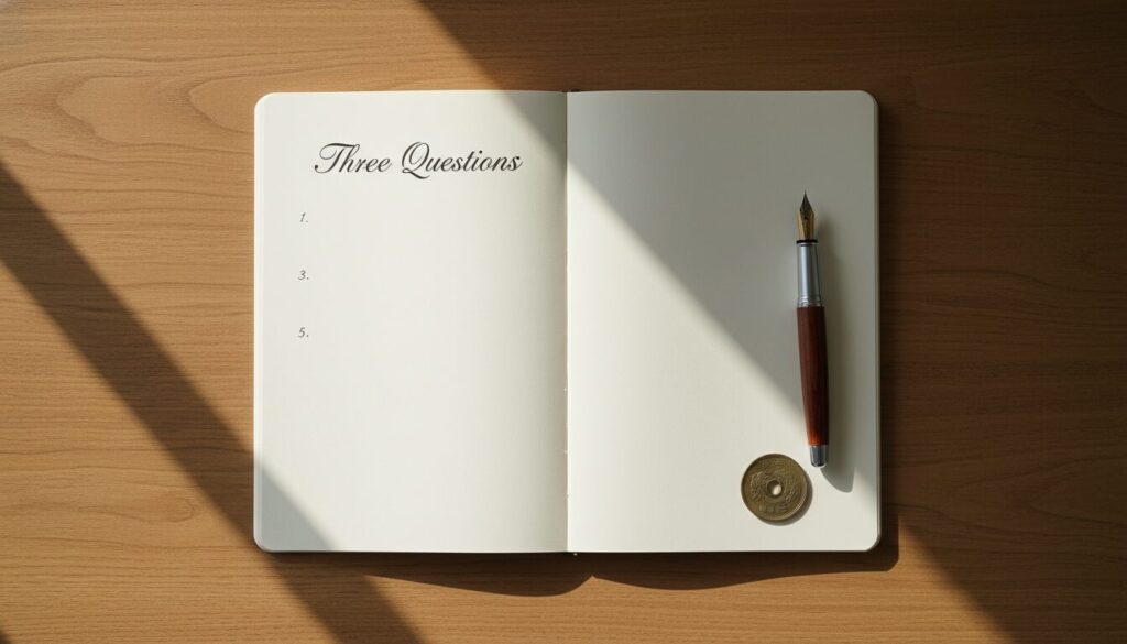 木目の美しいテーブルの上に開かれた、真っ白なノートの俯瞰写真。左ページには「Three Questions」という文字と、1、3、5の番号が振られたリストがある。ノートの右下には一本の万年筆と、昭和の5銭硬貨が静かに置かれ、窓から差し込む柔らかな光と影が、思索を促すような静謐な雰囲気を演出している。
